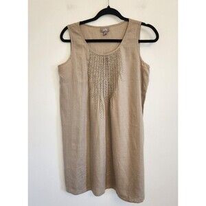 J Jill Linen Embroidered Shift Dress Small Petite Tan Loose Fit Lagenlook‎
